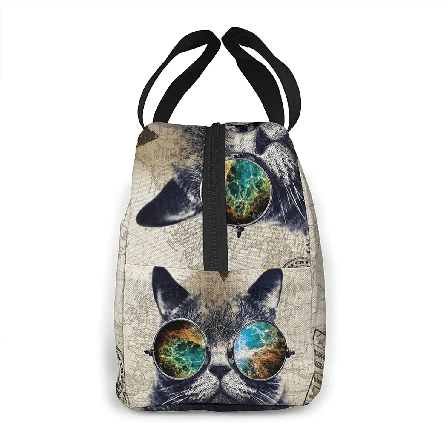 Cool Glasses Cat Thermal Lunch Bag for Women Men Insulated Beige Lunch Bag Cooler Bento Backpack Reusable Zipper Tote Lunch Box