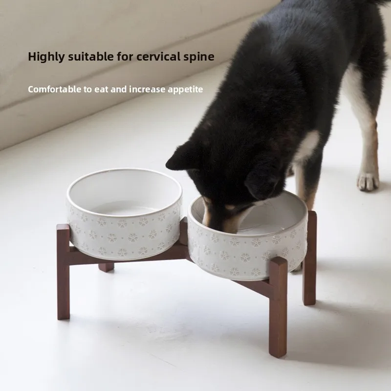 1800ml Big Dogs Bowl Double Ceramic Elevated Pet Food Water Feeders Small Medium Large Dog Feeding Supplies with Wooden Stand view 2