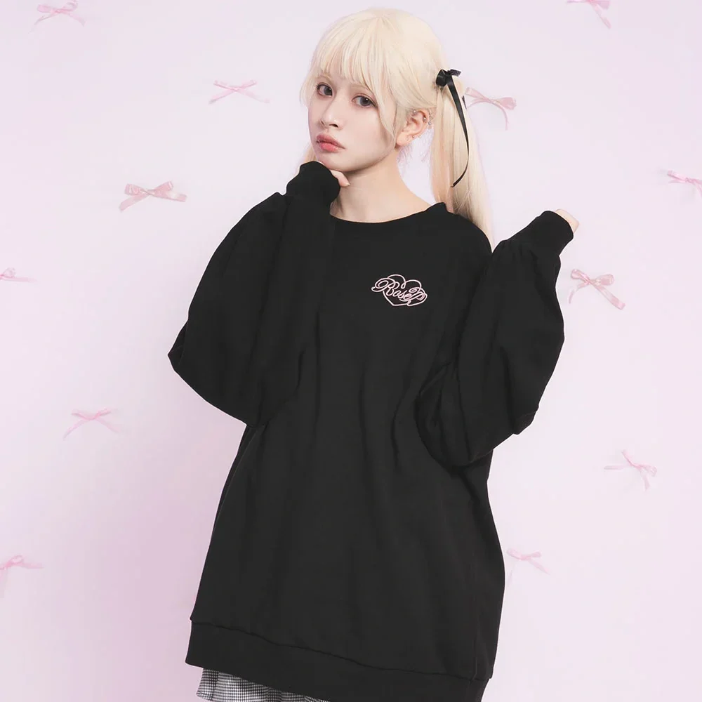 Japanese Sweet Cute Round Neck Long Sleeve Embroidery Loose Versatile Soild Color Oversized Pullover Sweatshirts Women Winter