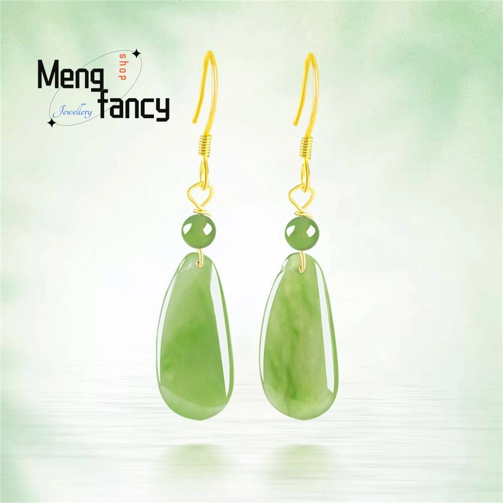 

Natural Spinach Green Material Hetian Jade Jasper Blessed Melon Earrings Female Genuine S925 Silver Inlaid Fashion Fine Jewelry