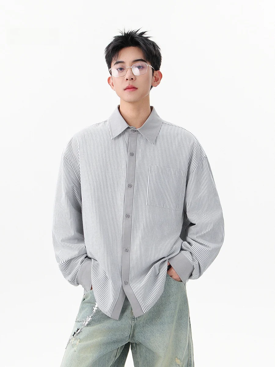 

Gray Striped Men's Long Sleeve Shirt Loose Fit Cleanfit Casual Outerwear Autumn Season Polyester Cotton Blend Button up