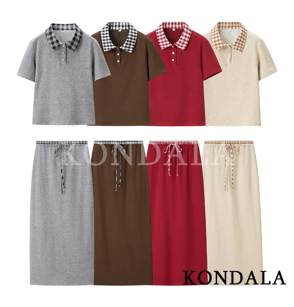 KONDALA Casual Commute Skirt Women Set Slim Polo Collar Tops, Drawstring Midi Skirt 2026 Spring Summer Fashion Elegant Lady Suit