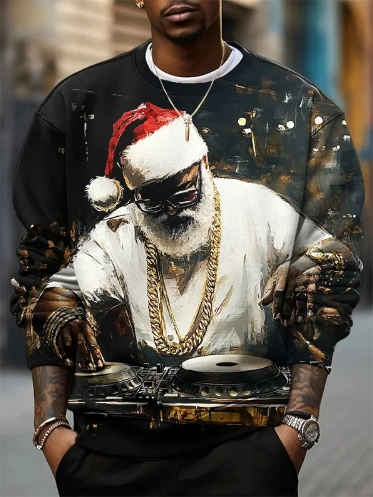 المتضخم مهرجان الرسومات البلوز الشباب شعبية رجل طويل الأكمام بلايز الرجال الهيب هوب عيد الميلاد DJ طباعة عادية البلوز الذكور #1