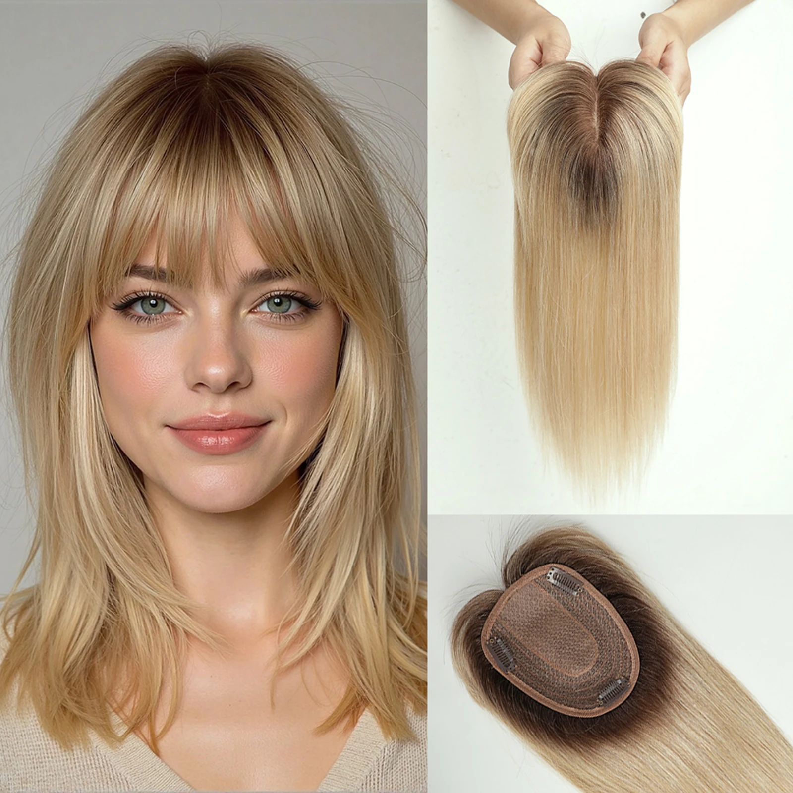

Блондинка Ombre 14 дюймов, прямая шелковая основа, топпер из натуральных волос с заколками для челки, 100% шиньоны Remy для женщин, парики для волос, женские