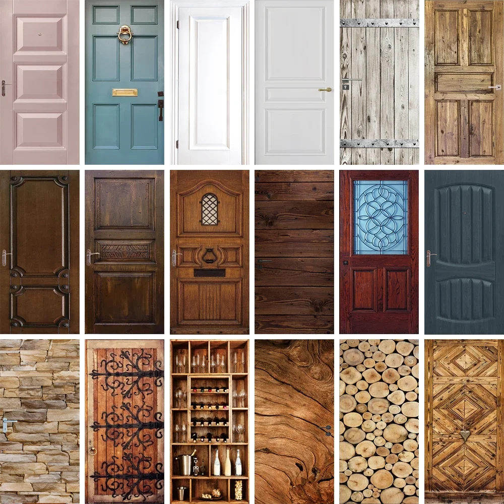 

Oriental Style 3D Door Sticker Mural Cover Waterproof Vinyl Retro Wooden Design Door Wallpapers Home Room Decorations