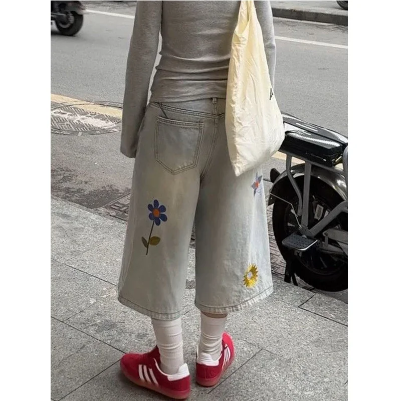 빈티지 꽃 자수 Y2k 청바지 여성 여름 루즈핏 와이드 레그 데님 반바지 하이웨이스트 스트릿웨어 캐주얼 숏 팬츠