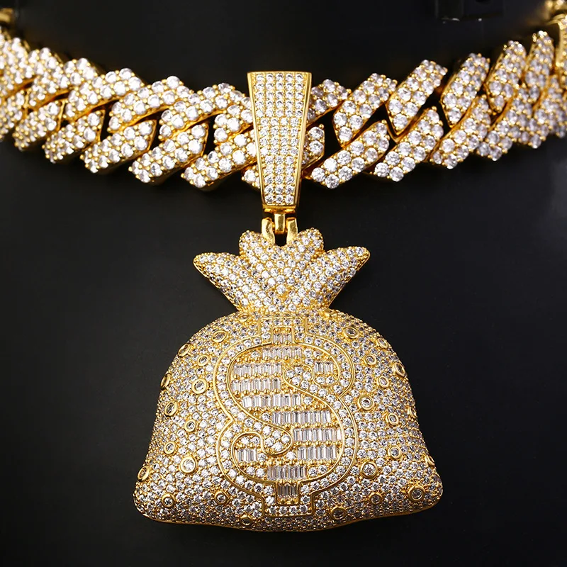 LYEE CYEE Iced Out Mosaic-set CZ “Money Bag” Dollar Pendant The Perfect Gift for Father Boy Friends Hip Hop Bling Rapper Jewelry