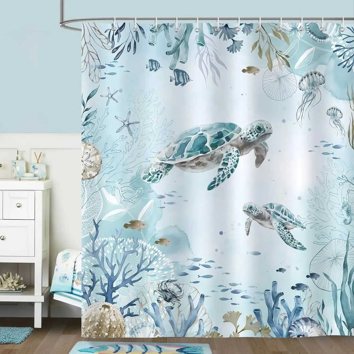 Blue Sea Turtle Shower Curtain Funny Ocean Animal Starfish Coral Tropical Fish Underwater Marine Life Curtains Bathroom Decor