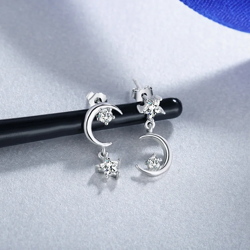 S925 sterling silver stud earrings asymmetrical star and moon stud earrings micro-inlaid jewelry women's models