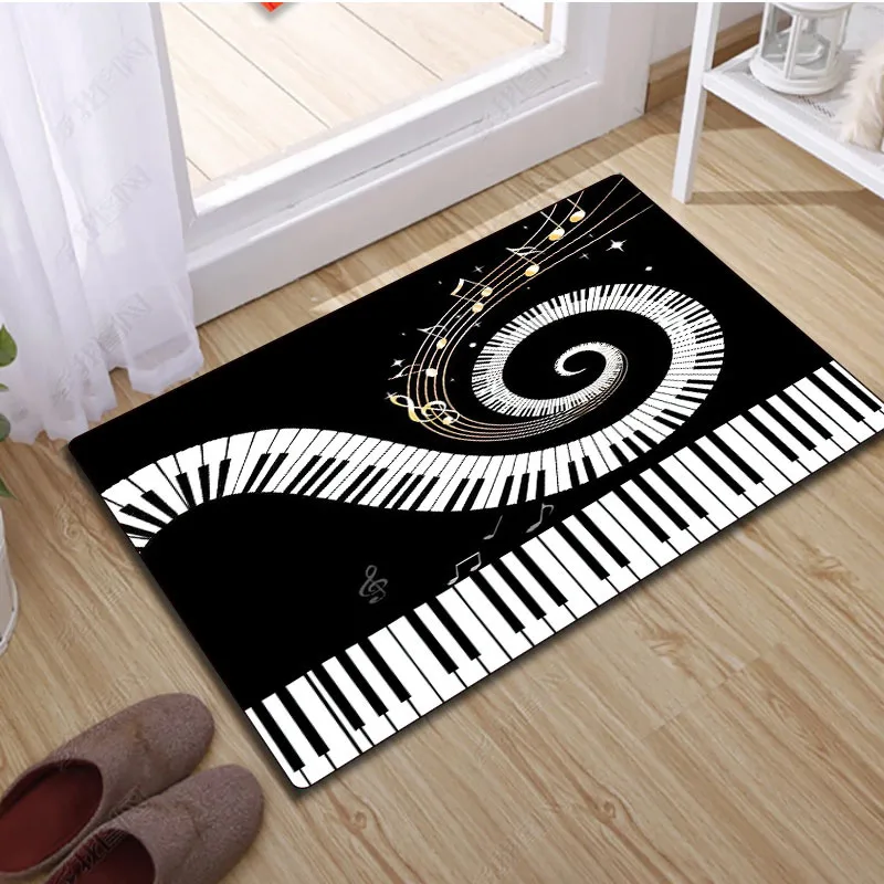 Creative Music Piano Keyboard Notes Round Rug Black White Swirl Design Non-slip Machine Washable Floor Mat for Home Room Decor
