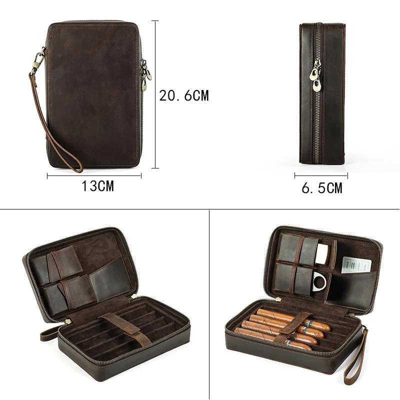 Cigar Accessories Vintage Horseskin Humidor 4-Piece Handcrafted Wrist Zipper Outdoor Cigar Set Storage Case Smoking Accessories