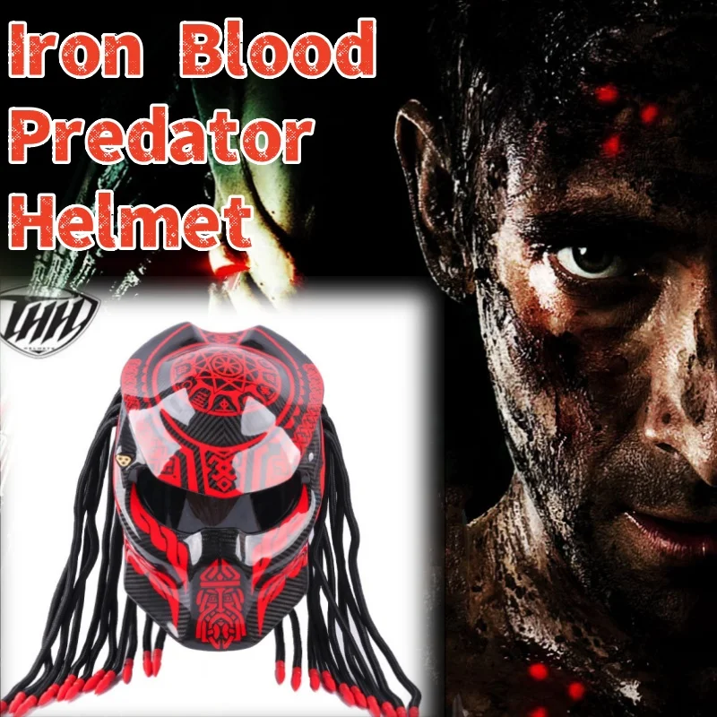 Motorcycle Helmet Carbon Fiber Iron Blood Warrior Predator Helmet Personalized Retro Riding with Dirty Braids Full Helmet