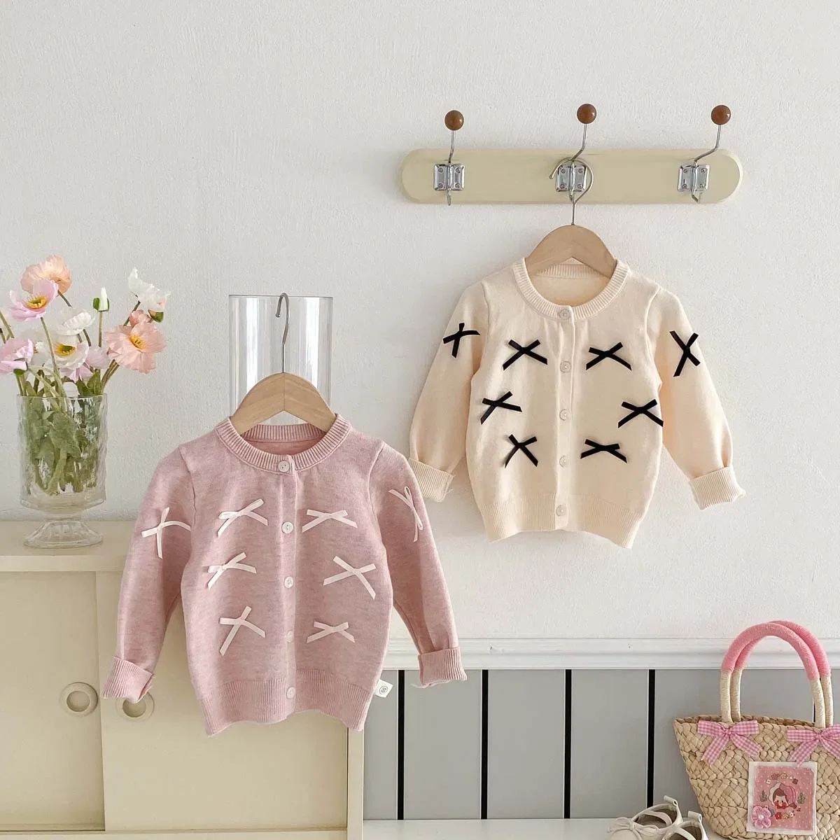 Baby Clothing Fashion Long Sleeve Knitted Cardigan Coat 2024 Children New Autumn Sweater Girl Baby Sweet Bow Design Sense Top