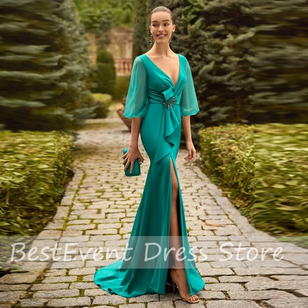 

Bespoke Occasion V-neck Green Bridesmaid Dress Sheath Half Puff Sleeve Backless Floor Length Side Slit Evening Gown with Train