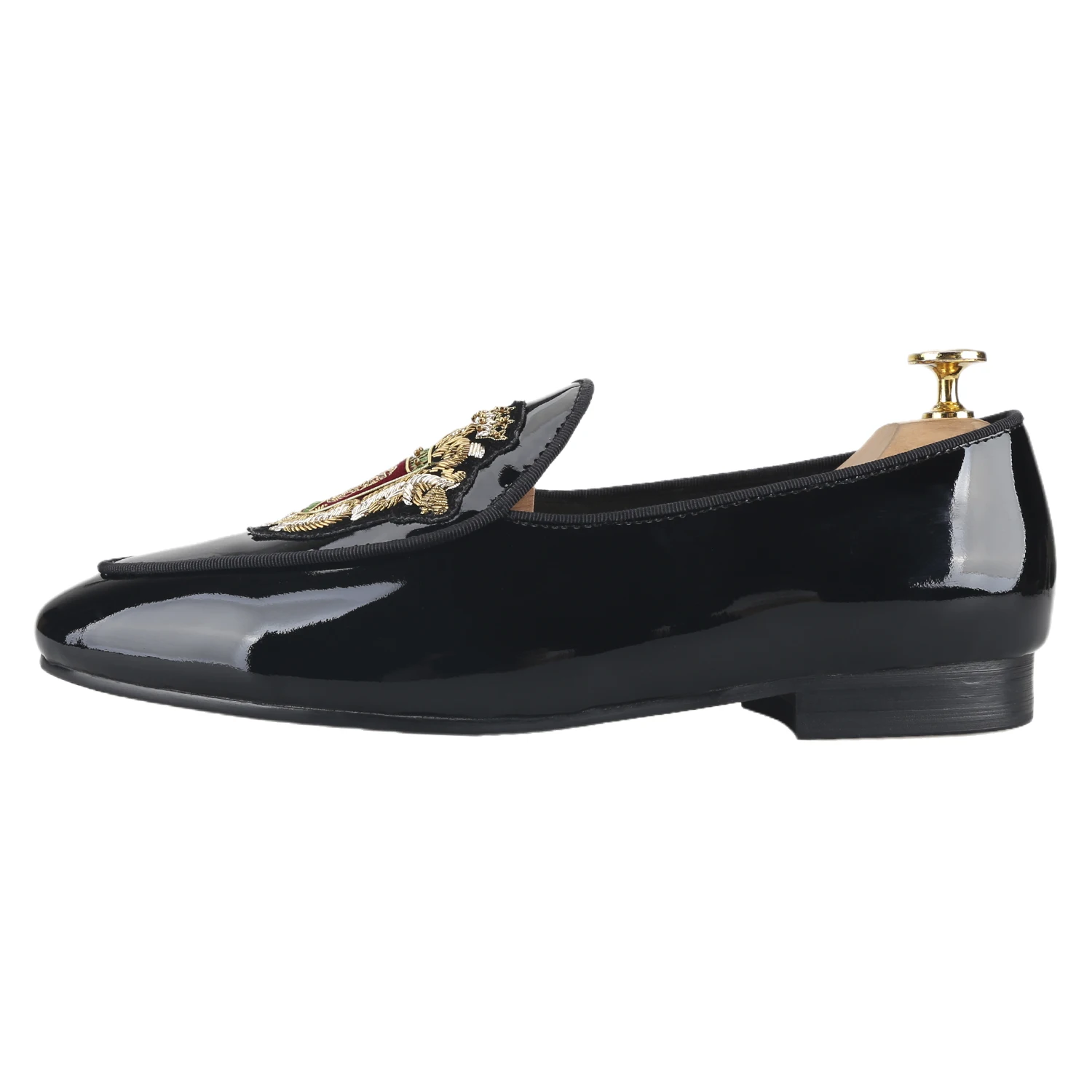 Piergitar Black Patent Leather Men's Loafers With Manual Embroidery Patches Imported From India Slip-On Moccasins Red Outsoles