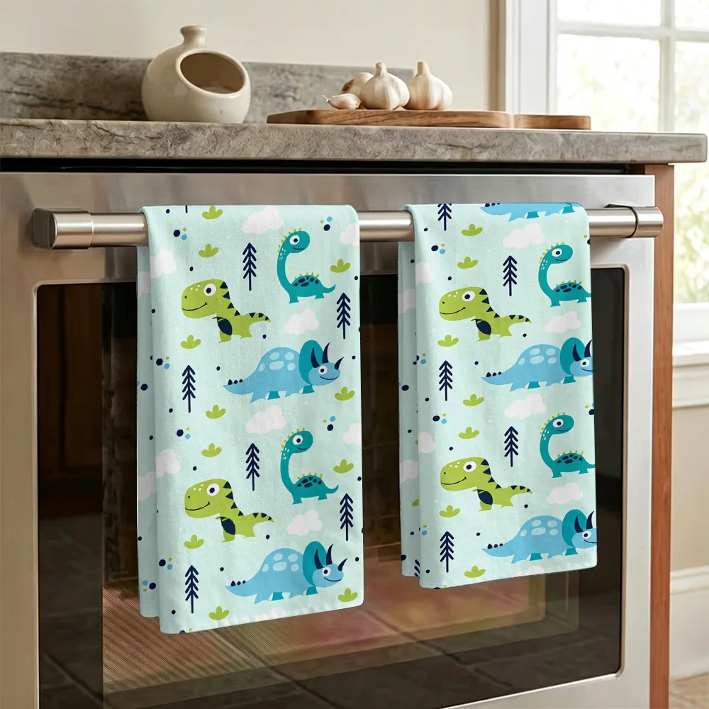 1pc/2pcs Dinosaur Cartoon Print Kitchen Towel-Super absorbent, reusable polyester dishcloths perfect for home decor, cooking, ba