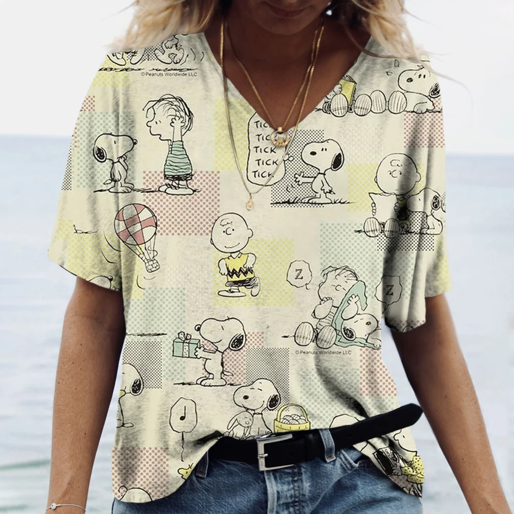 Vintage snoopy kreslený tisk košile grafické tisk trička ženy krátký rukáv V krk nejvyšší tees legrační ženy tričko velký rozměr