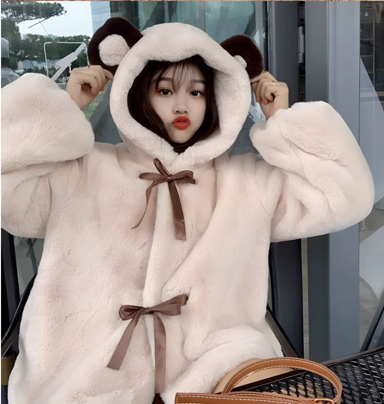 Lolita Autumn Winter Cute Thickened Imitation Fur Loose Age Reduction Hooded Short Coat Fashion Long Sleeve Playful Bow Coats
