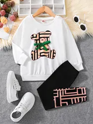 Girl's Geometric Bear Pattern Outfit 2pcs, Sweatshirt & Leggings Set, Casual Kid's Clothes For Spring Fall