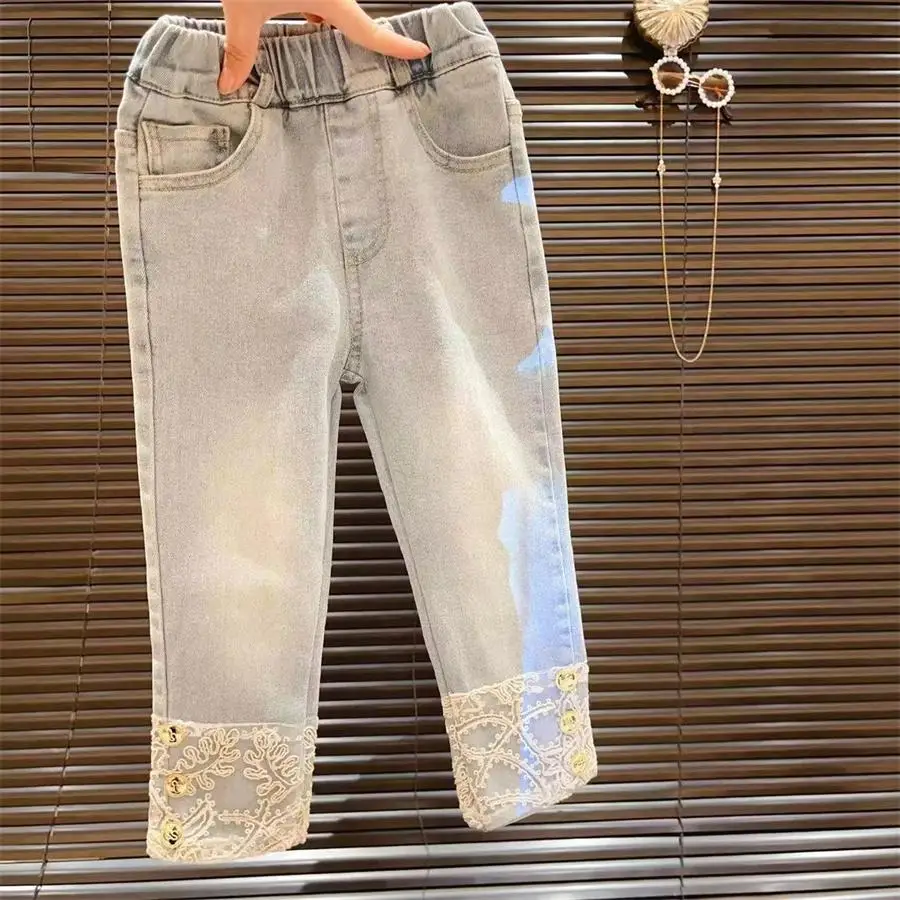 2024 spring new Chinese style improved lace trousers high waist straight pencil denim wide leg new pants3 4 5 6 7 8 9Y