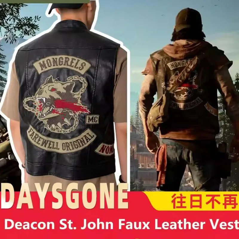 

Anime Daysgone Cosplay Jacket Days Gone Deacon St.John Faux Leather Black Vest Cosplay Costumes PU Embroidery Waistcoat For Man