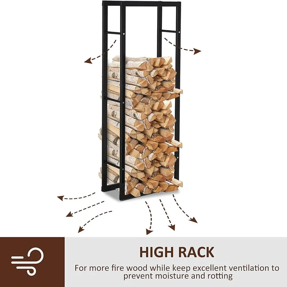 Sturdy Tall Steel Firewood Storage Rack with Side Rails, Black Vertical Fireplace Log Holder