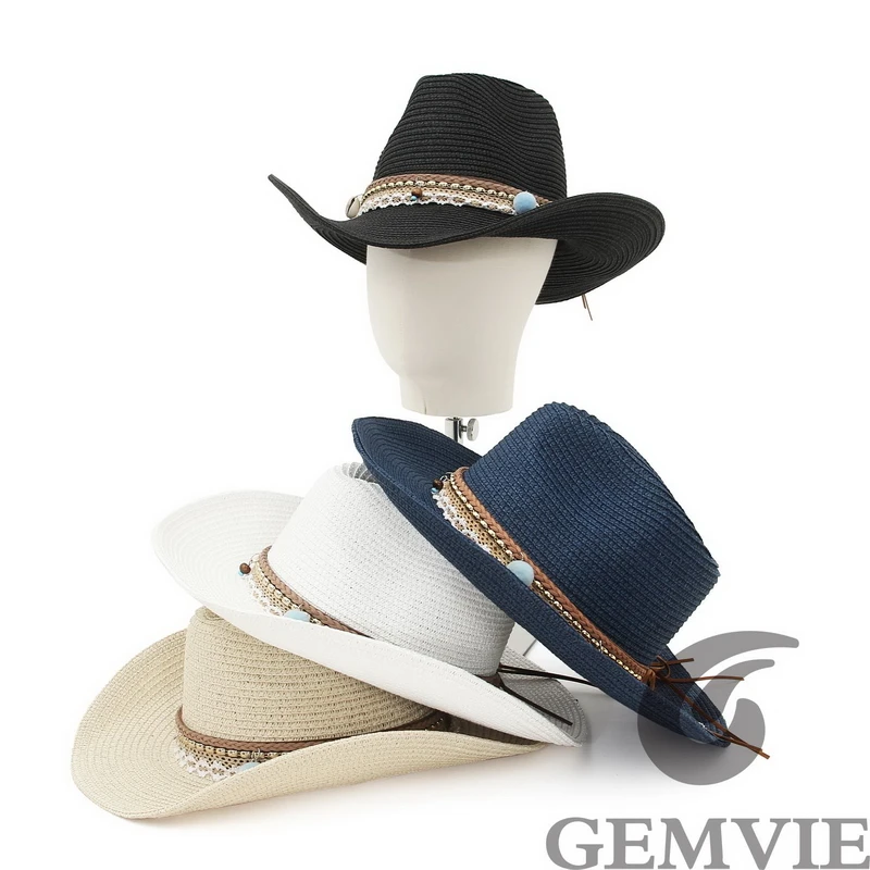 

GEMVIE 4 Color Retro Outdoor Spring Summer Cowboy Straw Hat Sun Protection Beach Flat Top Straw Hats 2024 New Fashion Unisex