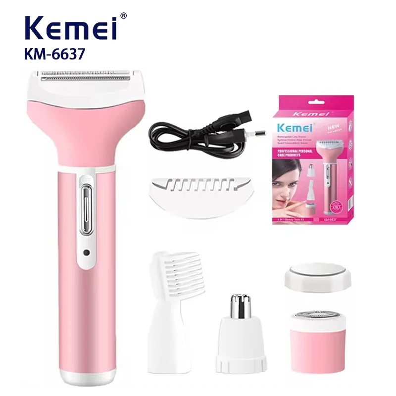 Kemei 6637 4in1 Women Electric Shaver Facial Body Trimmer Beard Eyebrow Nose Ear Lady hair removal Bikini Ball Rechargeable Set