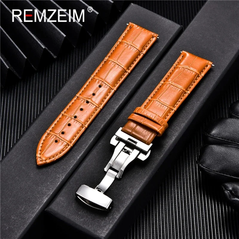 REMZEIM Genuine Leather Strap with Automatic Buckle Watch Band 18mm 20mm 22mm 24mm Replacement Straps Watch Accessories