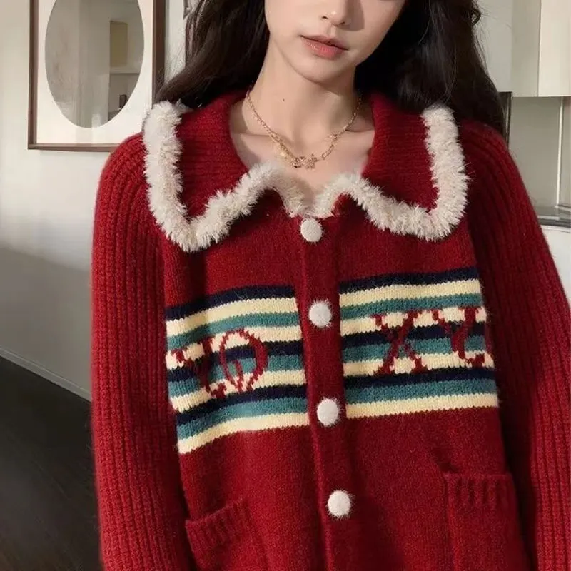 Vintage Striped Knitted Cardigan Autumn Winter Christmas Stylish Pockets Spliced Women\'s Clothing Loose Single-breasted Sweaters