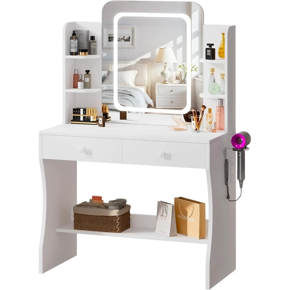 

Makeup Vanity Desk with Smart LED Mirror and Power Outlet, Small Makeup Vanity Table with 2 Drawer and 5 Shelves, Dressing Table