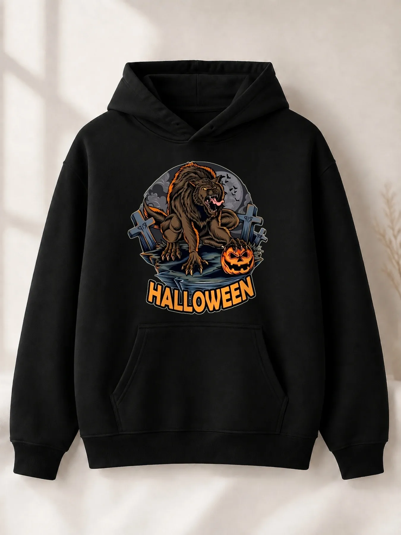 Graphic Style Men's Hoodie Crazy Wolf and Pumpkin Halloween Design Autumn Horror Fan Gift