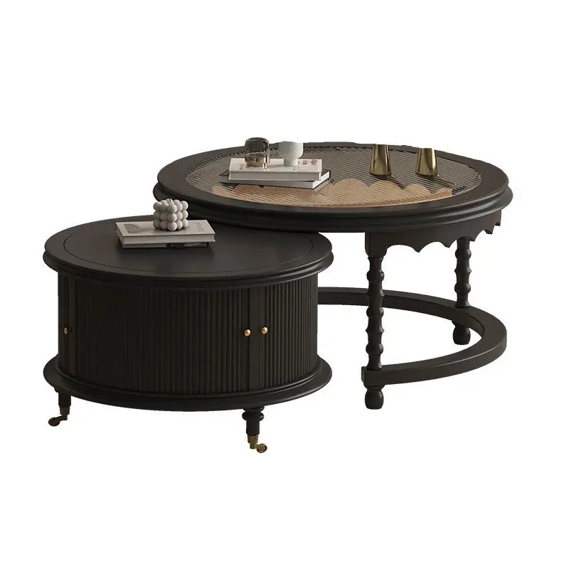 

American retro solid wood round coffee table, living room home light luxury old glass corner cabinet