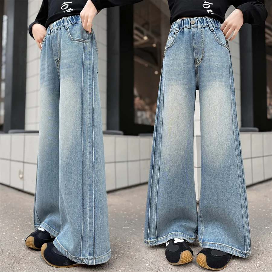 

2026 New Spring Children High Waist Straight Leg Jeans for Teen Girls Trendy Light Blue Denim Pants Kids Casual Jeans Trousers