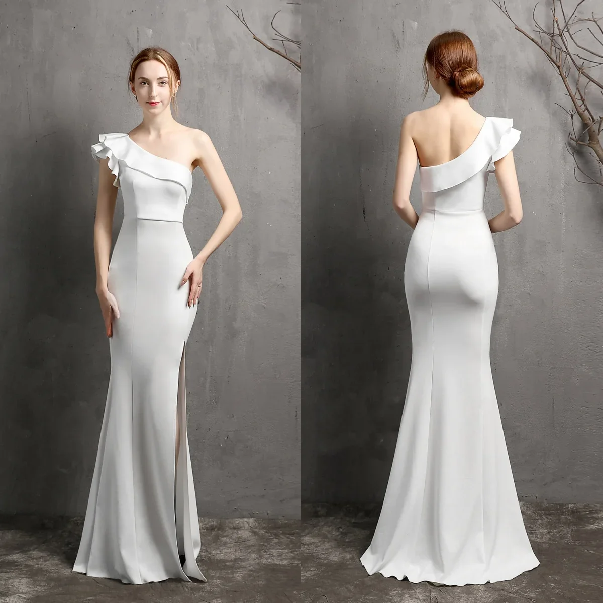 

Evening Dresses White Stretchy one Shoulder Ruffles Zipper Back Mermaid Trumpet Slit Floor Length Women Party Formal Gowns YE019