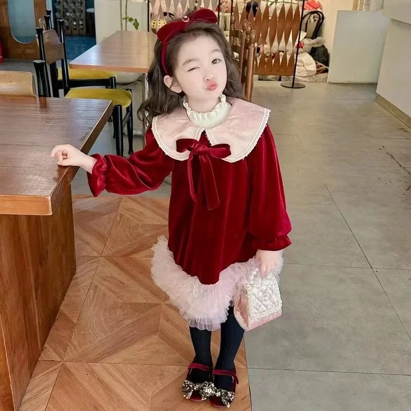 2024 New Year Red Girl Fleece Dress Doll Collar Sweet Spliced Golden Fashionable Temperament Velvet Princess Dress