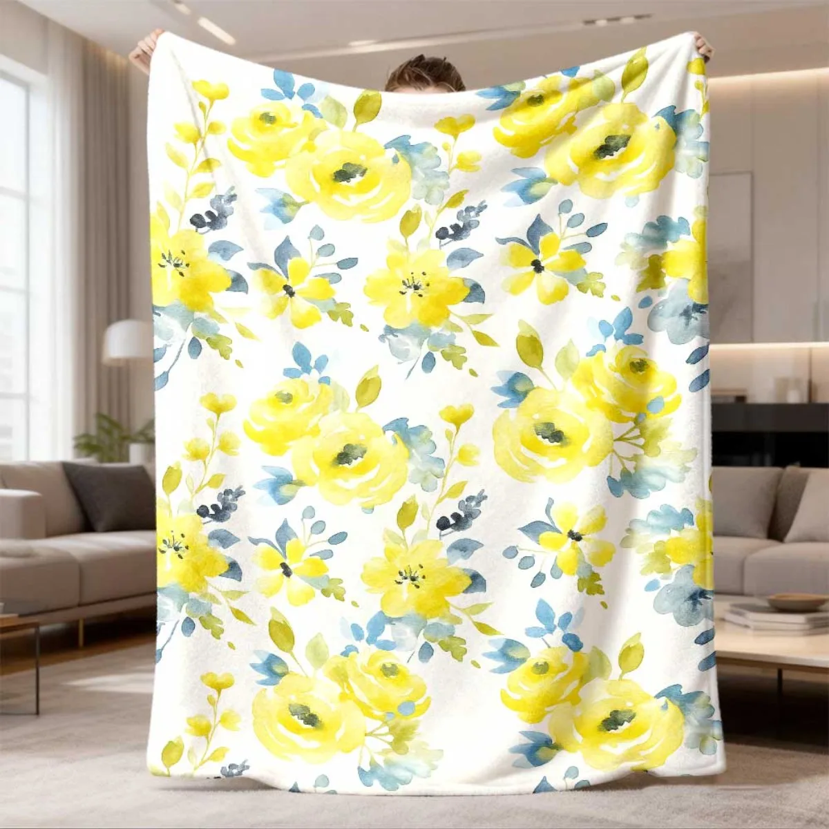 Yellow Blue Watercolor Floral Throw Blanket Fresh Botanical Flower Print Soft Cozy Wrap For Spring Summer Season And Home Decor