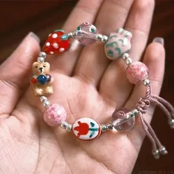 Vintage Candy Ceramic Strawberry Bear Woven Bracelet for Girls - Handmade Girls Jewelry Accessory