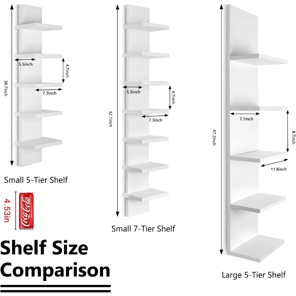 Étagère murale verticale étroite blanche à 7 niveaux pour décor et rangement, affichage peu encombrant pour petits espaces