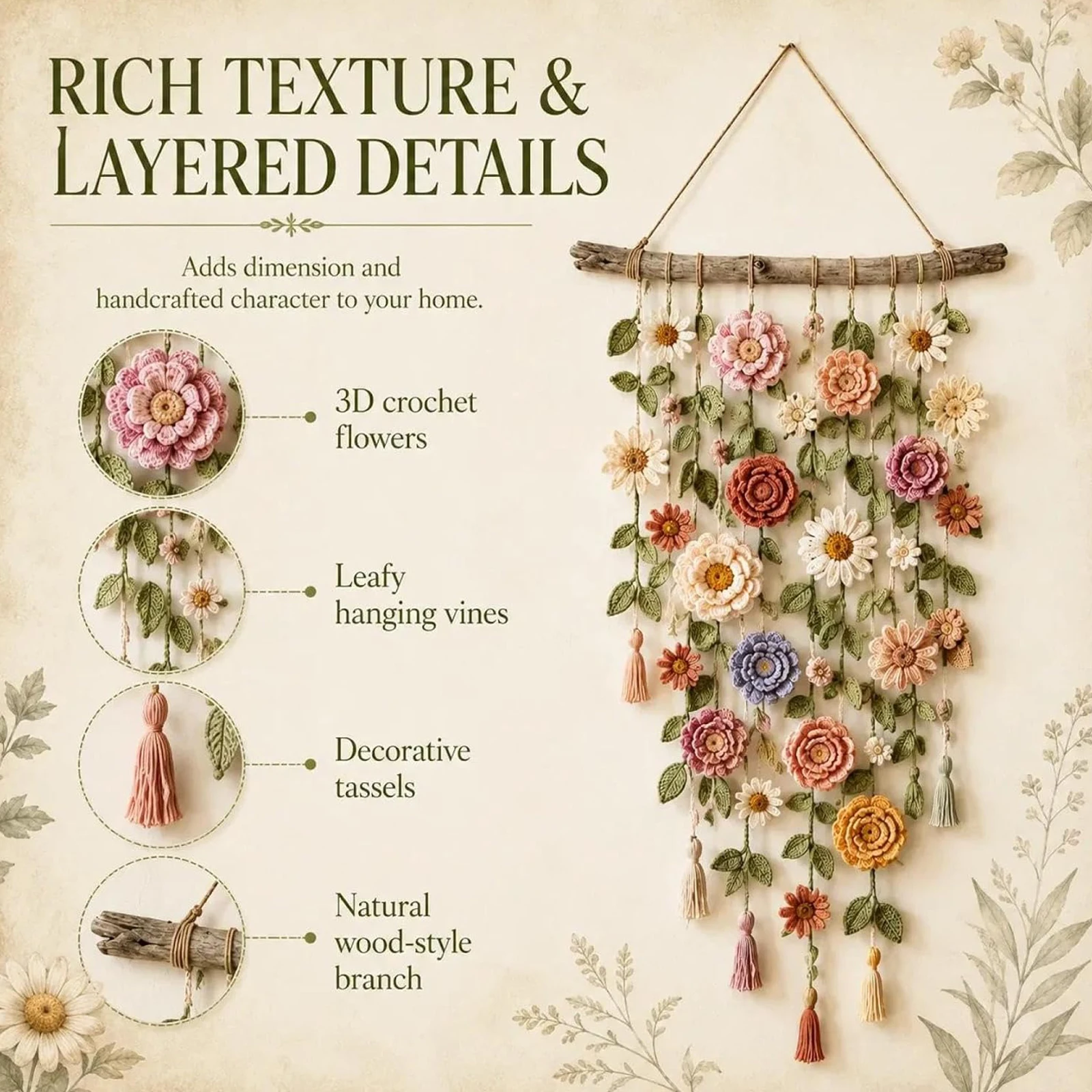 Handmade Cotton Floral Crochet - огляд і ціна Macrame Wall Hanging