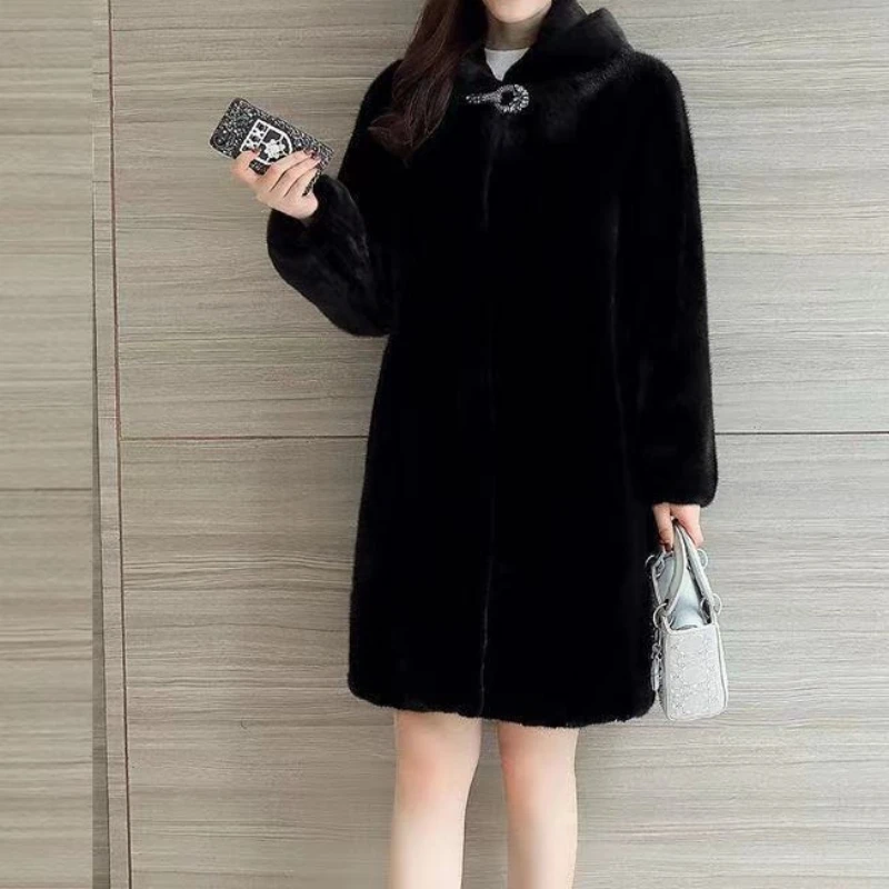 Musim Gugur/Dingin 2025 Mantel Hangat Berkerudung, Mantel Bulu Imitasi Mink Baru Mantel Bulu Imitasi Mink Wanita Panjang Sedang