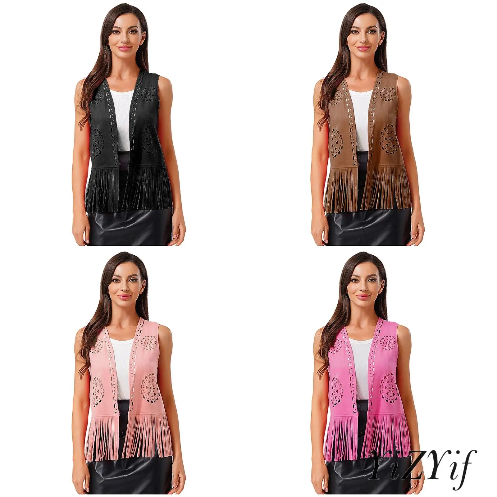 

Womens Western Cowgirl Cosplay Vest Vintage Hollow Out Tassel Open Front Tank Tops for Halloween Party Hippy Dance Performance