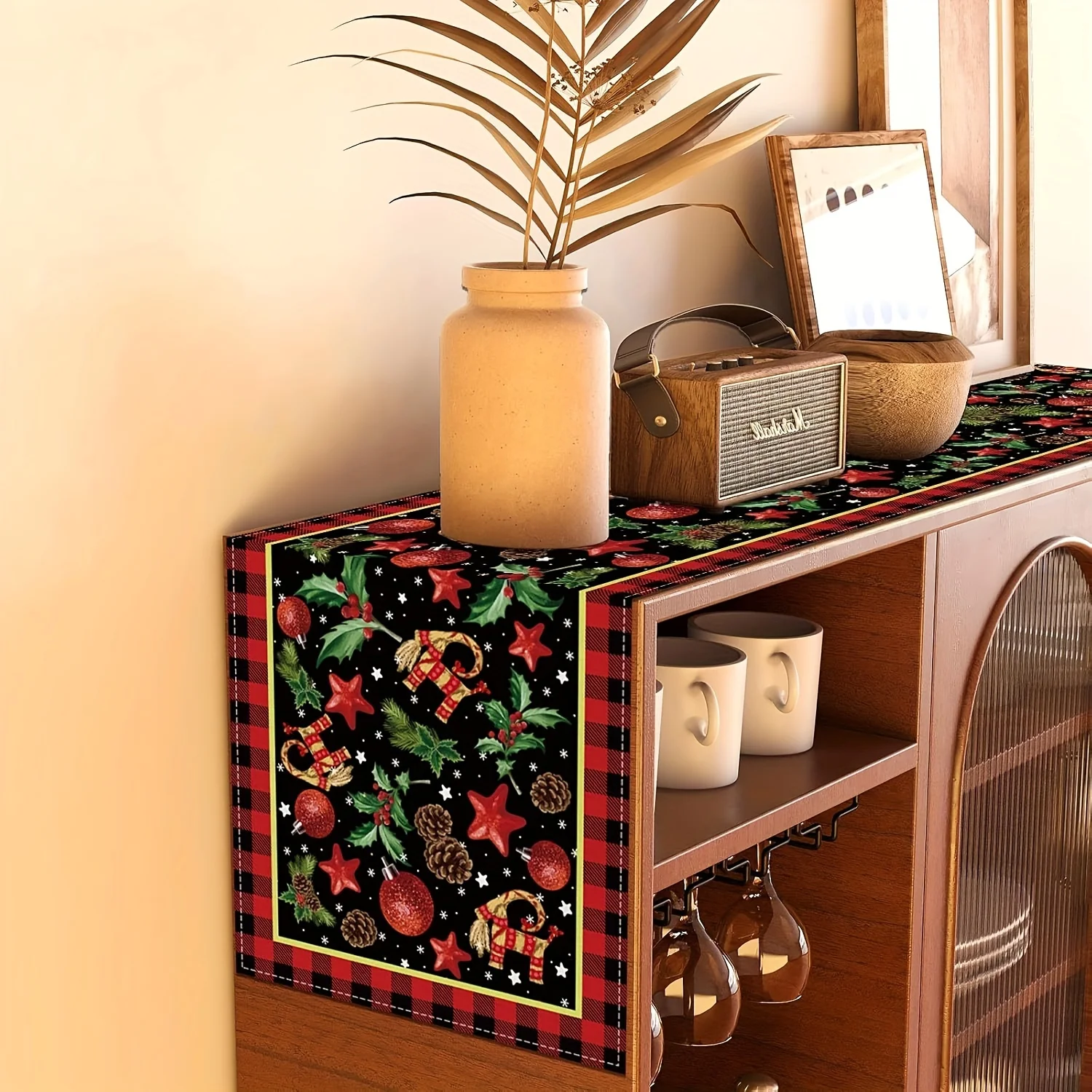 Linen Yule Table Runner | Scandinavian Julbock Straw Goat & Mistletoe | Pagan Christmas Home Table Decor Supplies
