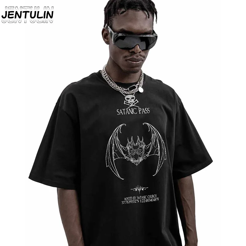 

Y2K Retro Punk Hip Hop Top Double-Headed Bat Pattern Printed Tees Men And Women Summer Harajuku's Oversized Cotton Loose T-shirt