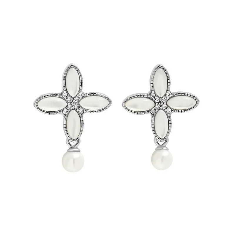 

S925 Sterling Silver Stud Earrings Exquisite Luxury With Zircon and Pearl Earrings for Versatile Clover Girlfriend New Year Gift