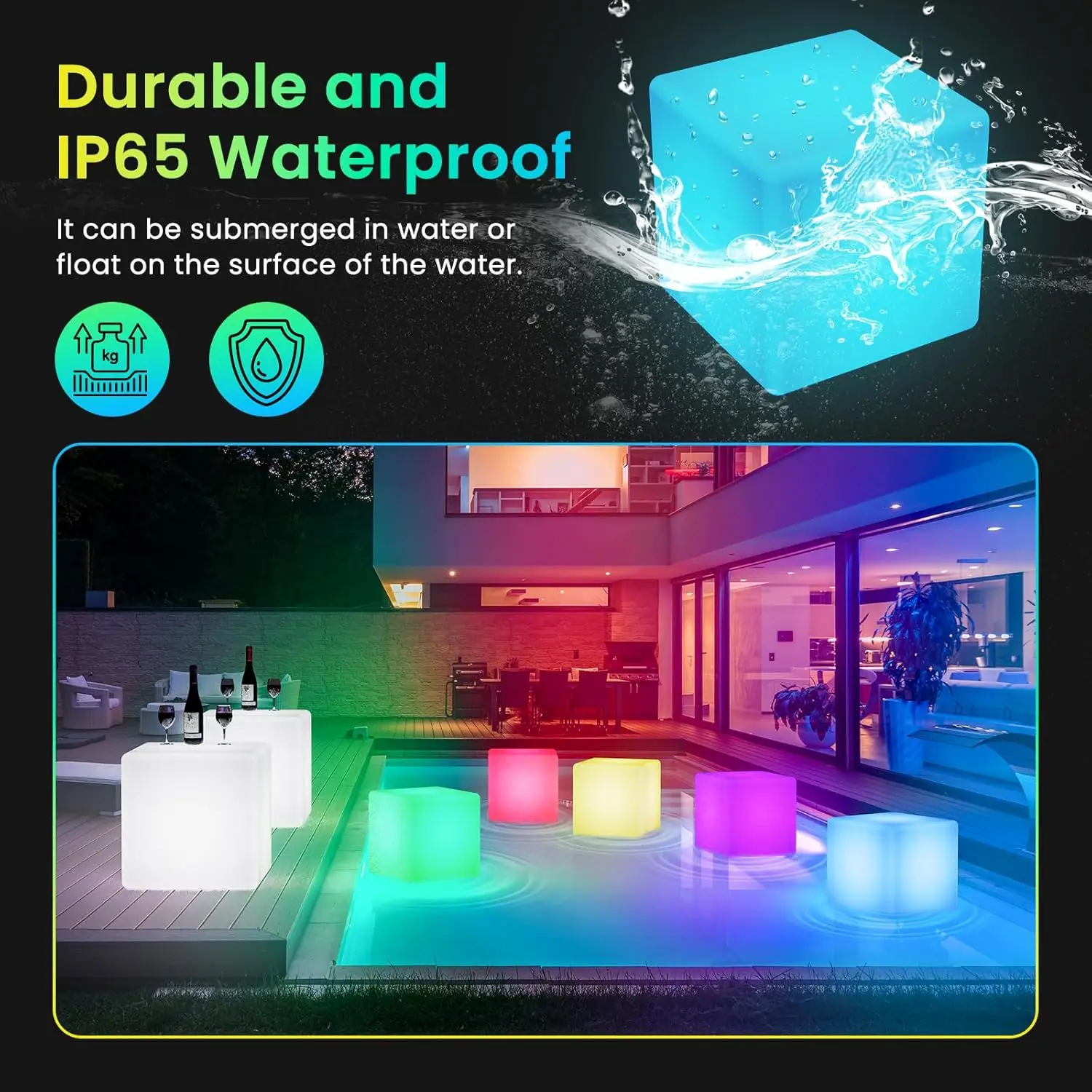 LED Cube Lights, 20-inch Rechargeable RGB Colors Changing Light with Remote Control, IP65 Waterproof