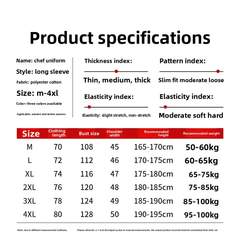 Herren-Kochmantel in Übergröße, langärmelig, zweireihig, Hotel- und Restaurantuniform