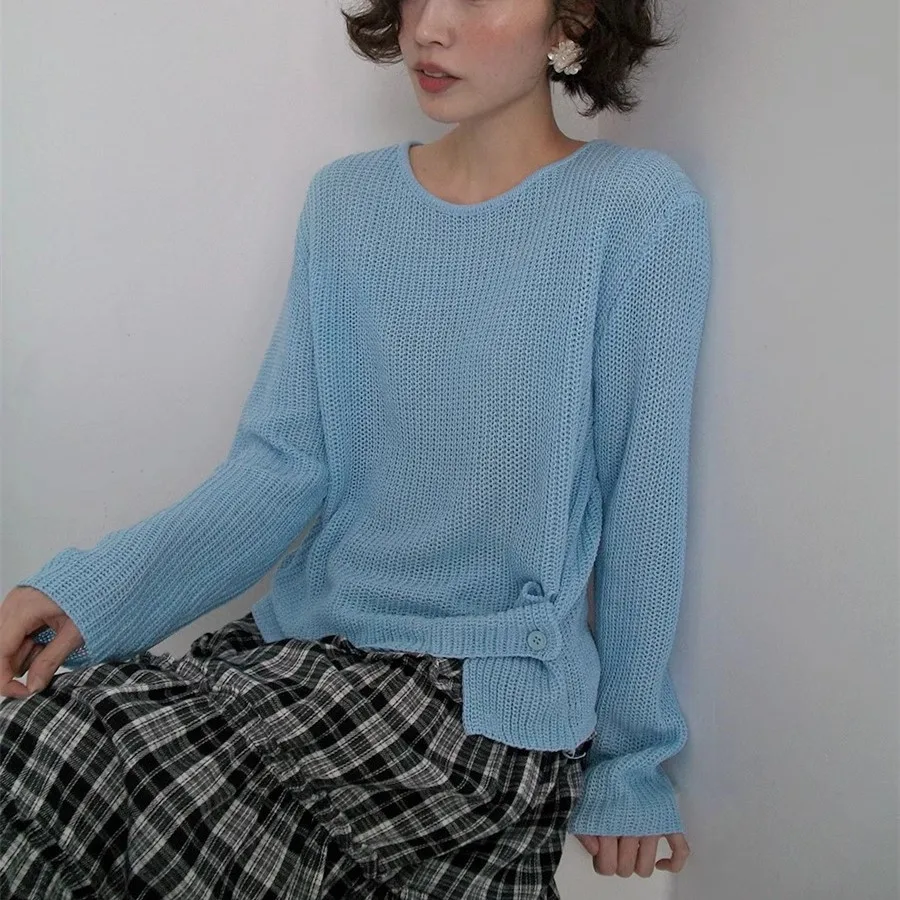 Loose Long Sve round Ne Knitted Sweater Women's Early Autumn  Thin Button Split  Comfortable Breathable