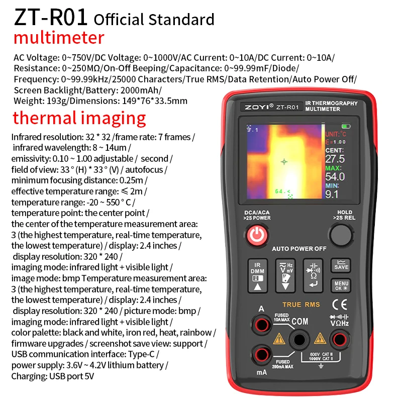 ZOYI ZTR01 2in1 Thermal Imager AC/DC Current Voltage Multimeter IR Camera -20℃ to 550℃ Floor Pipeline Heating Electronic Inspect