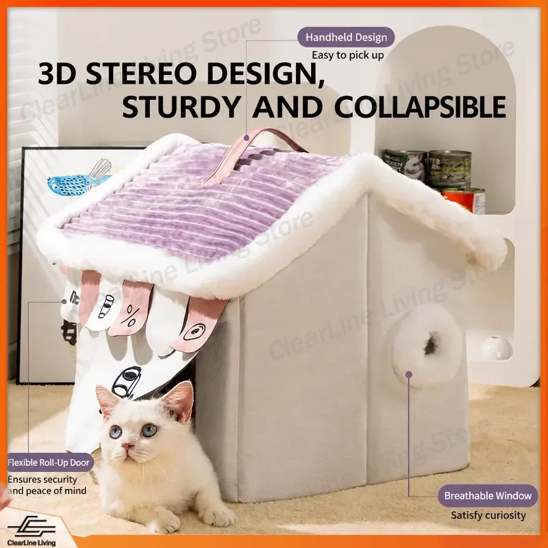 Winter Cat Bed Warm Enclosed Cave House Cozy Pet Sleeping Nest for Kittens Indoor Soft Plush Security Shelter All Season